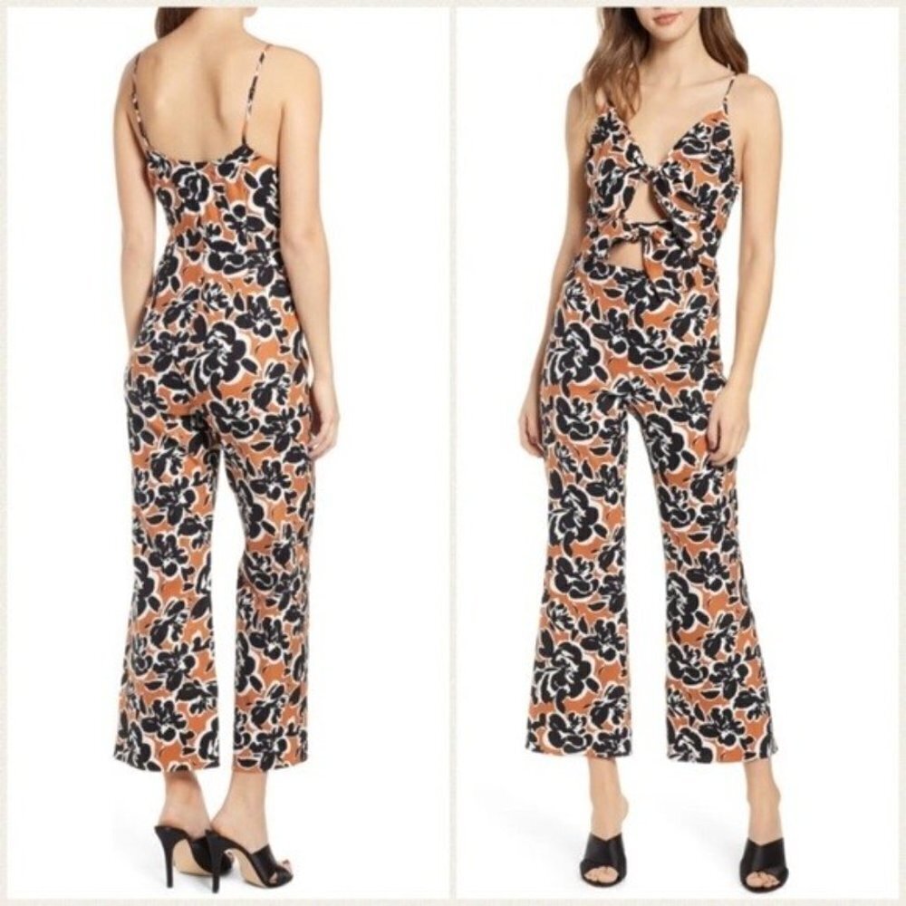 Leith Linen Blend Floral Flared Jumpsuit - Cut Out & Tie Size Small